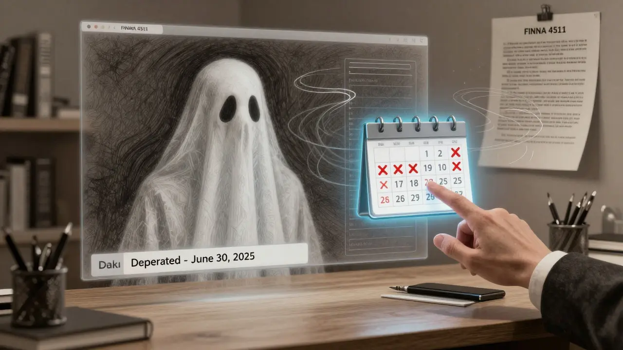 A fading deprecated model beside a new one, with audit trails and a calendar marking deprecation date.