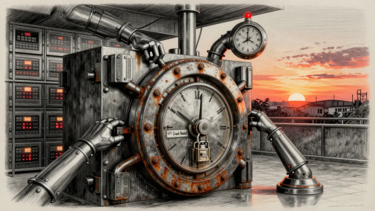 An automated vault sealing an old model under a midnight clock, with a 7-year audit countdown glowing behind.