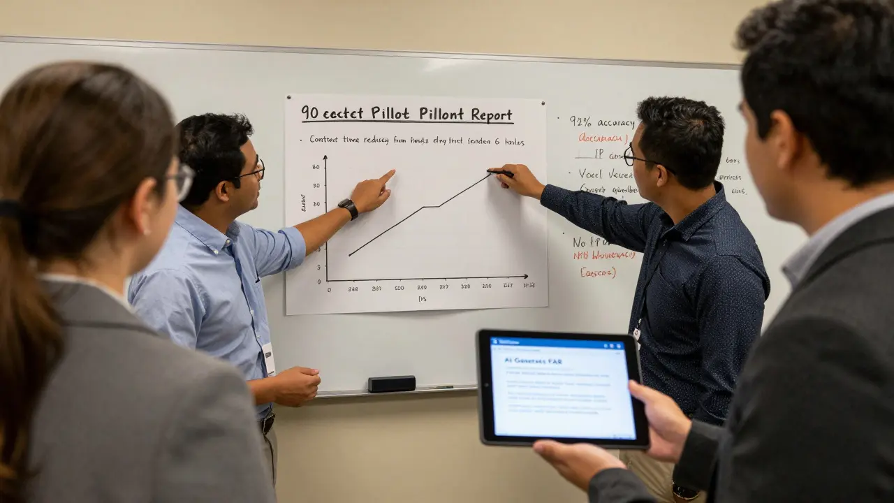Small team presenting AI pilot results showing reduced contract drafting time to federal leads.