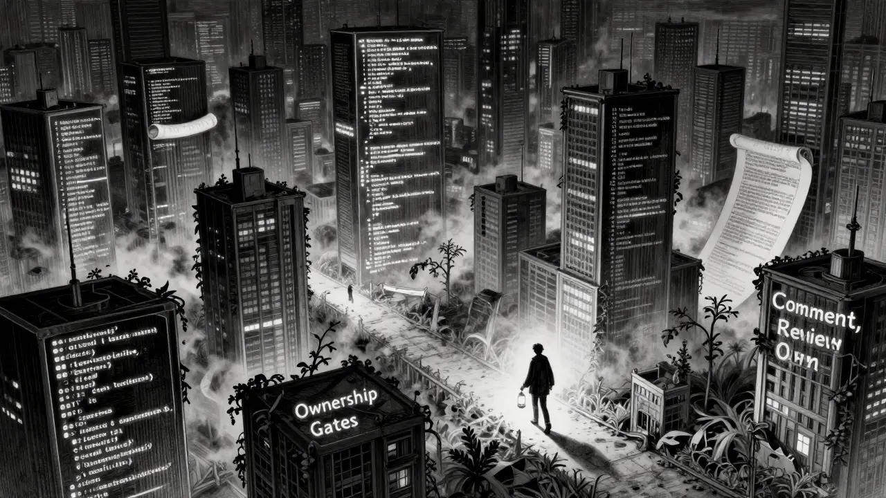 A city of code buildings, some thriving with labels and light, others decaying in shadow, under a lone figure with a lantern.