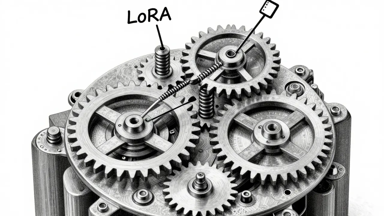 A clockwork transformer model with LoRA adjusting only specific attention gears in metalpoint detail.