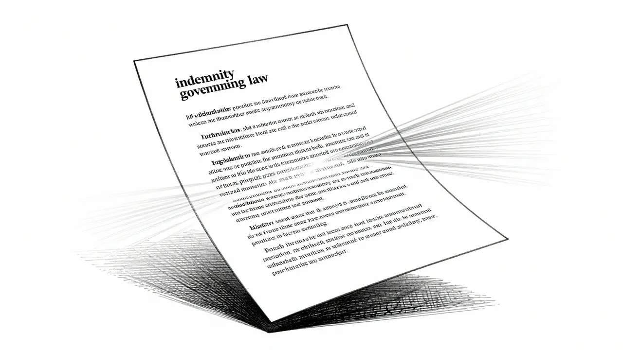 A legal document with key clauses highlighted by golden threads, other text fading into faint hatching.