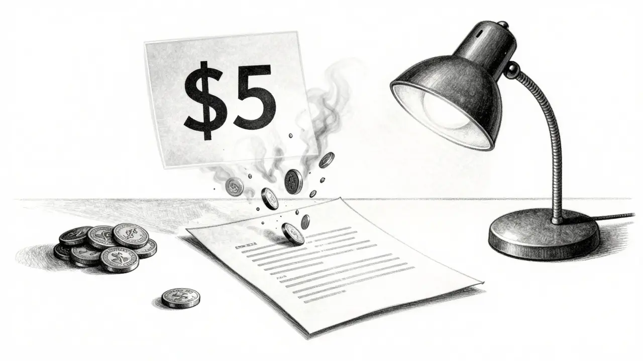 A single contract under a lamp with a  price tag floating above, tokens fading into smoke, metalpoint illustration.