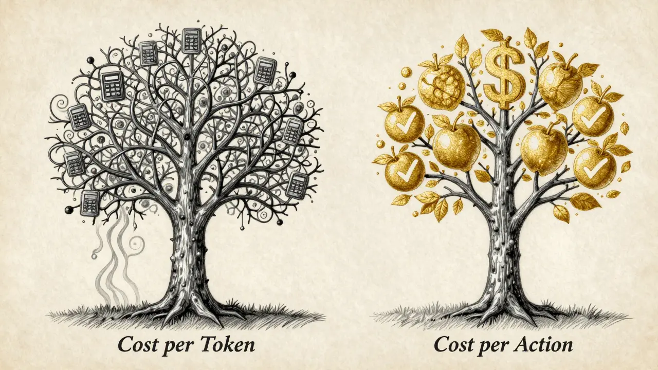A tree with two trunks: one tangled with tokens, the other bearing dollar sign fruit, drawn in metalpoint.