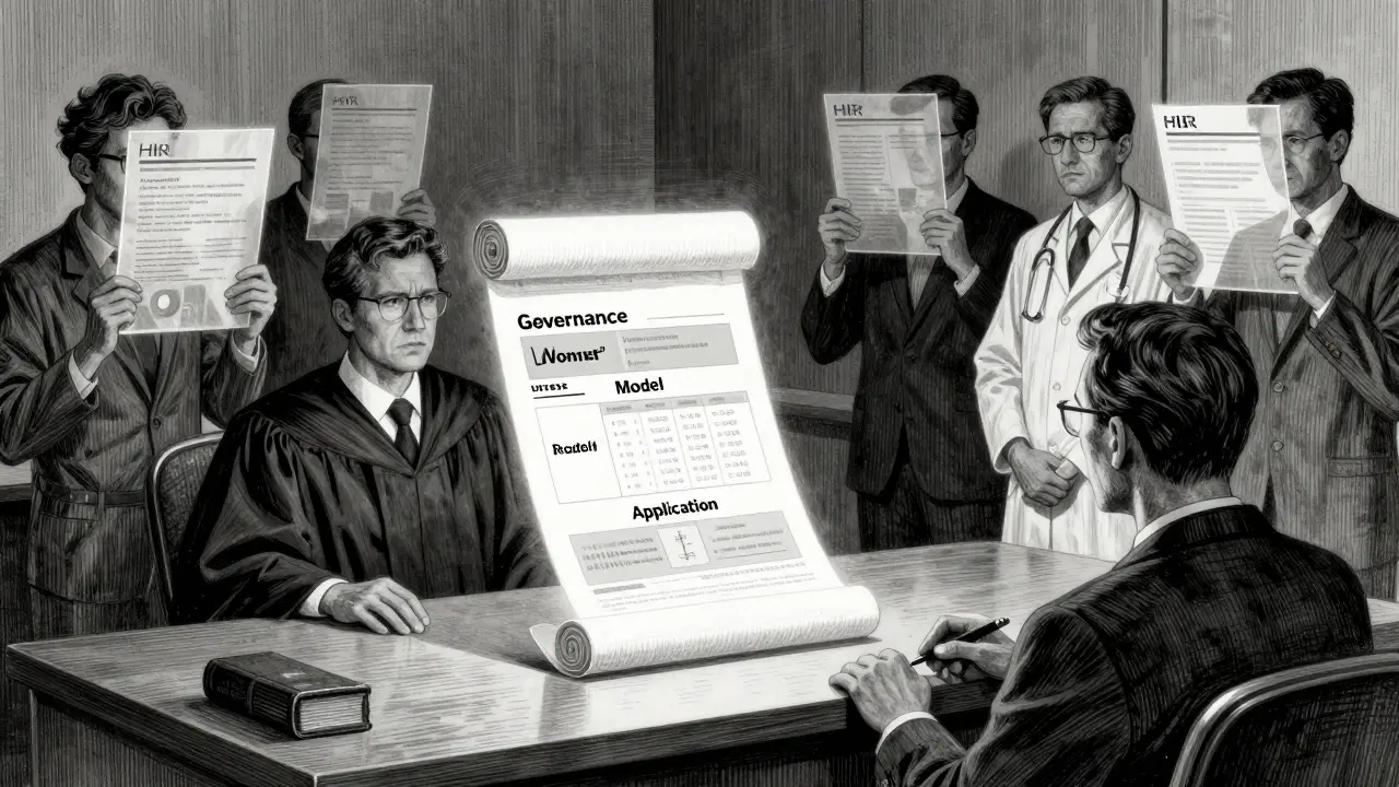 Courtroom scene with a floating audit trail and professionals reviewing governance documents.