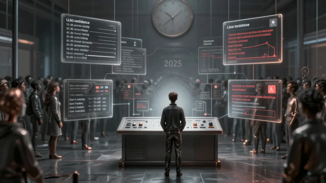 Person at control panel surrounded by real-time LLM audit data in metallic line art.