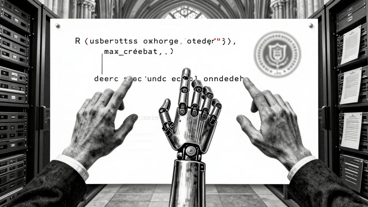 Three hands — human, mechanical, and corporate — each claim a part of a single line of AI-generated code.