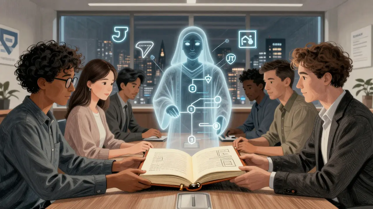 A team passing a glowing rulebook as AI avatars build secure code structures guided by its instructions.
