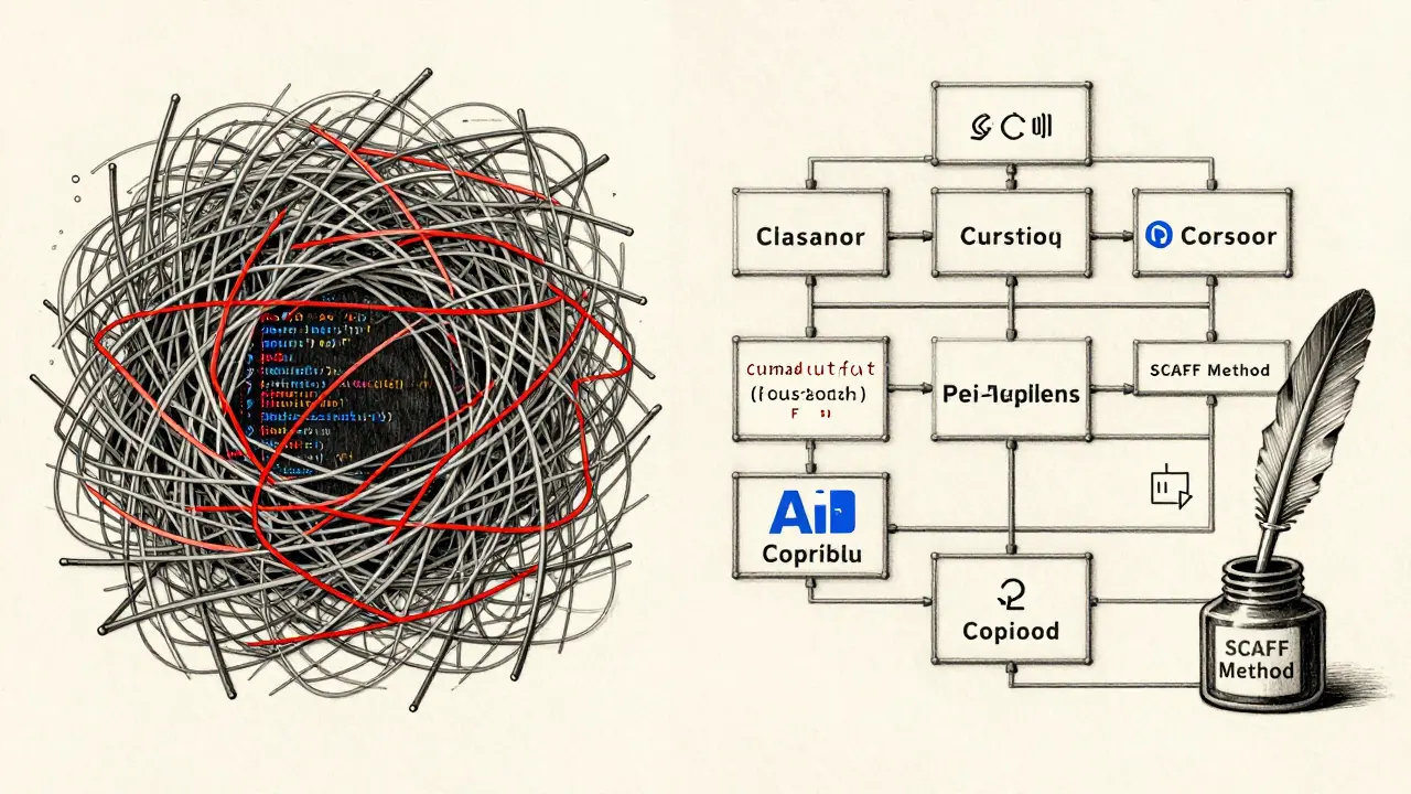 Contrasting chaotic code versus structured, rule-guided code rendered in metallic lines on aged paper.
