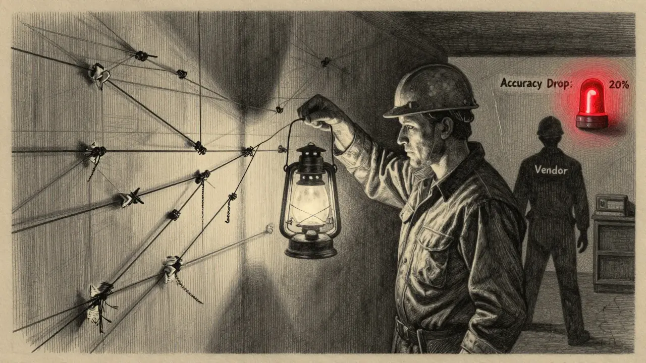 Engineer with lantern illuminating snapping model version threads, while a vendor walks away ignoring alerts.