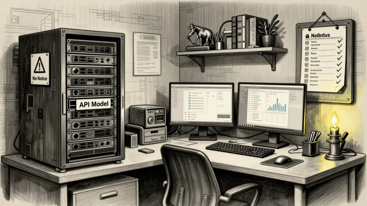 Split desk scene: chaotic API server vs organized open-source LLM workspace with versioning tools.