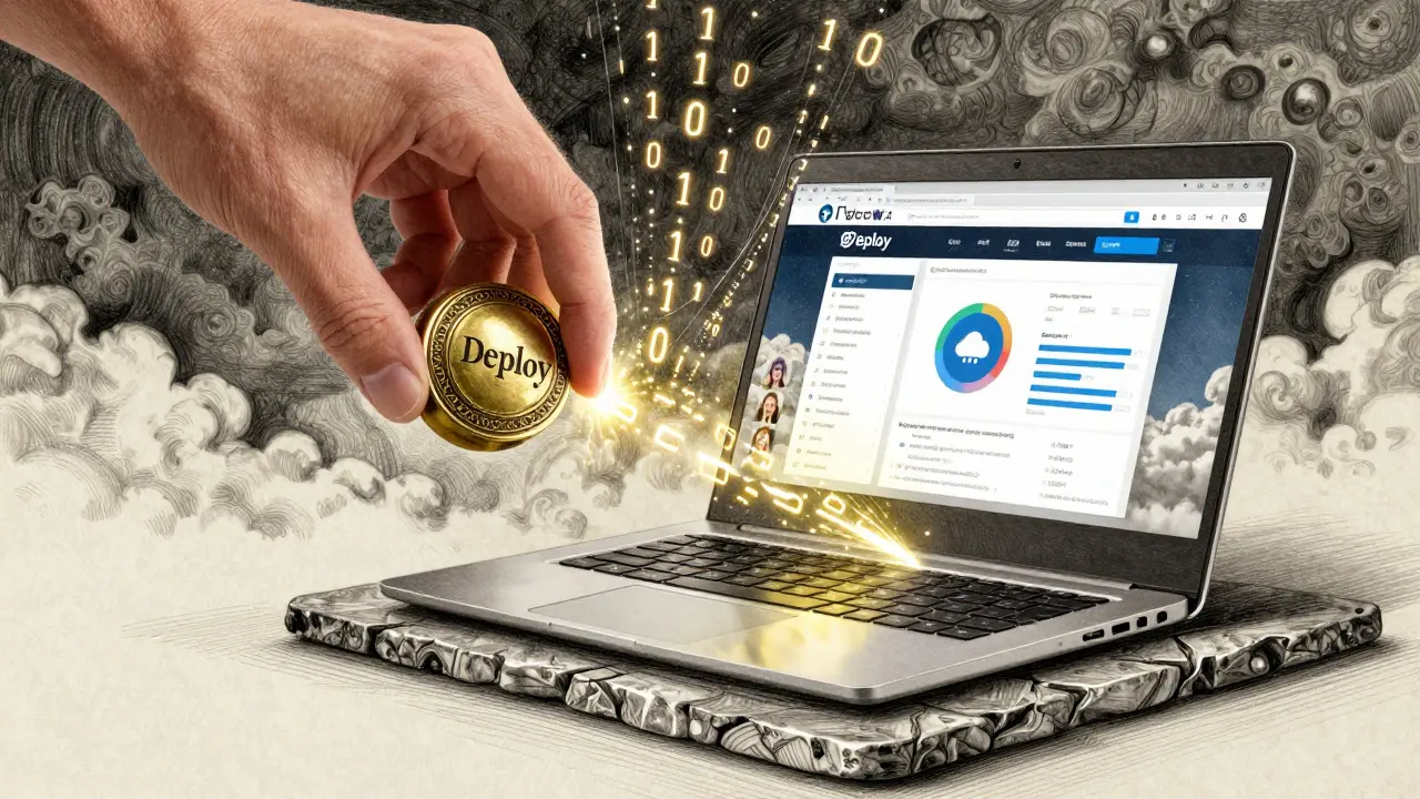 A hand pressing a brass deploy button, triggering a skyward cascade of code transforming into a live web app.