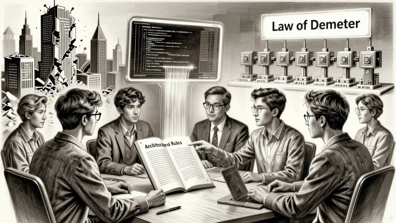 Developers reviewing architectural rules as AI code flows above, with chaotic vs. organized code systems shown in split scene.