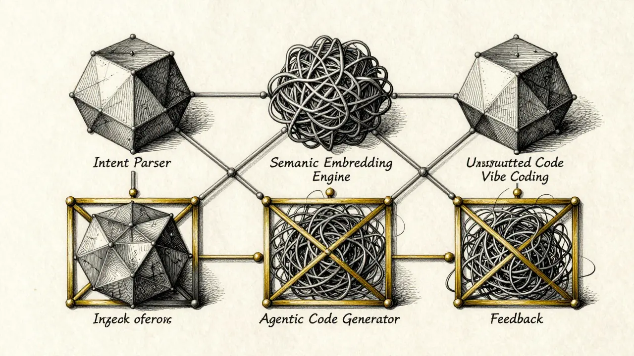 Four interconnected architectural components illustrated as metal filigree on aged paper, bounded by a golden rule lattice.