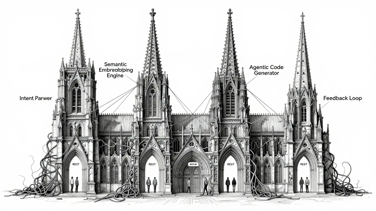 Software system as a cathedral with four spires and orderly pathways, contrasting with withering code vines below.