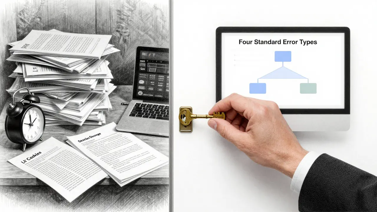 Split scene: chaotic messy desk vs. clean organized workspace with a constitutional key locking order.