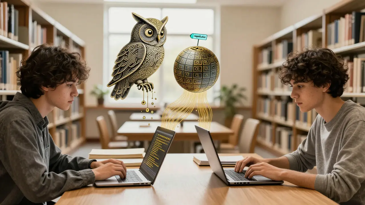 Two students collaborating with AI owl dropping code into a database, golden lines connecting their work.