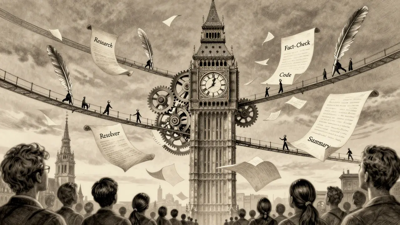A clocktower with scroll-shaped gears is operated by tiny AI agents passing notes, watched by a crowd below.