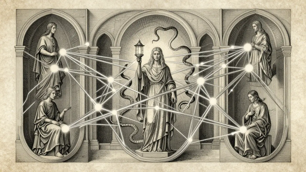 A glowing network of silver lines connects five AI agent figures on parchment, forming a structured communication web.