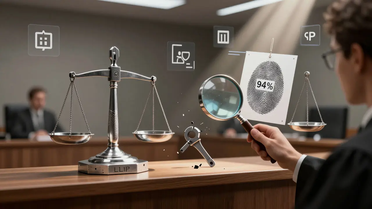 Courtroom scene with a judge examining a model's fingerprint integrity under magnification.