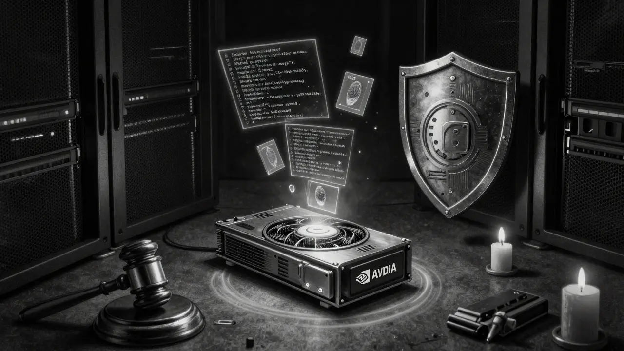 Dimly lit server room with a GPU emitting metallic halos and protected by floating fingerprints.