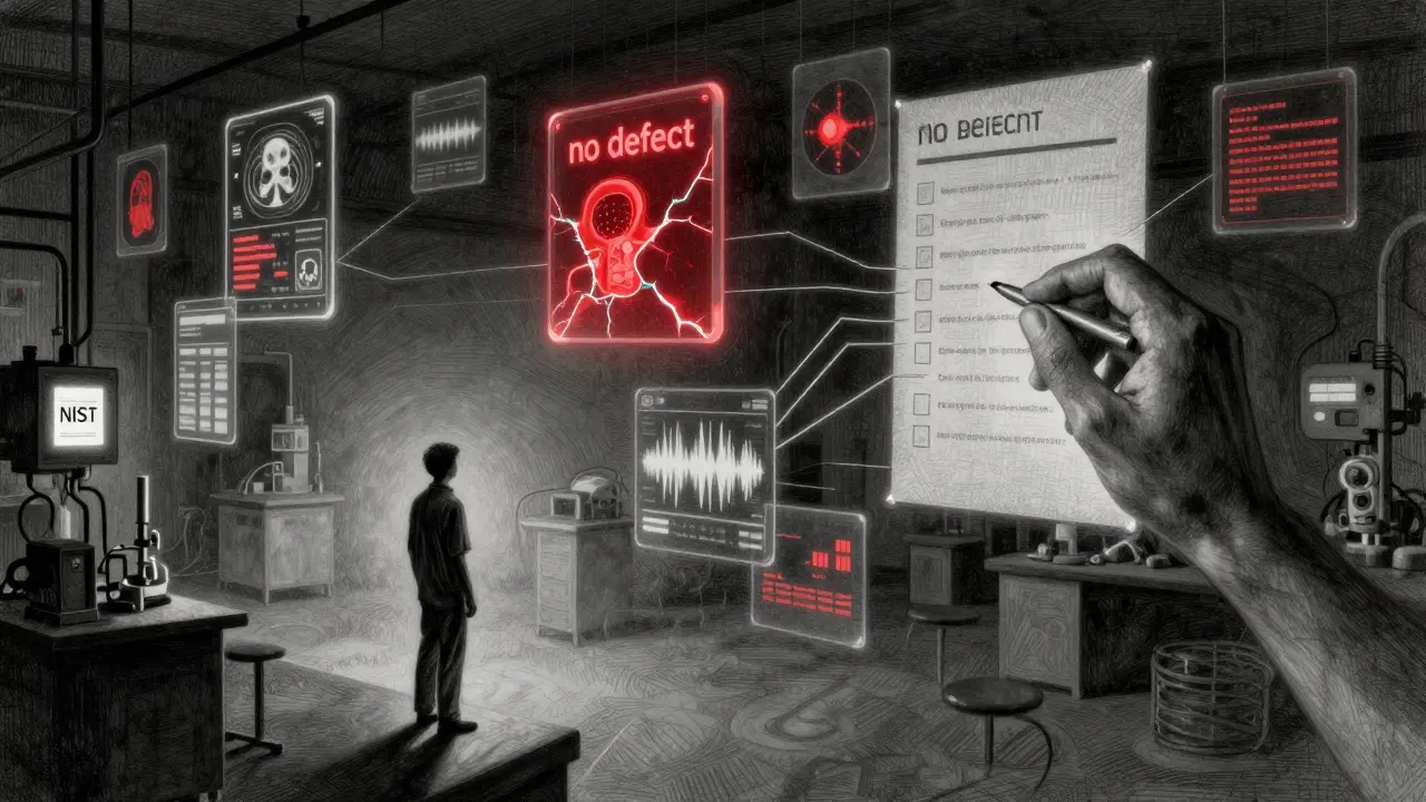 A lone figure reaches toward a glowing flawed AI output in a dark lab, guided by a silver checklist, while other AI outputs float like ghosts.