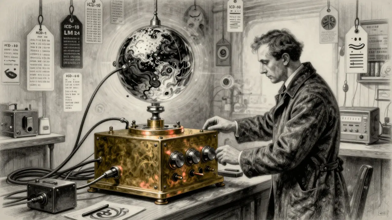 A technician adjusts a brass NLP machine as a glowing LLM orb hovers above, connected by filigree cables in an antique workshop.