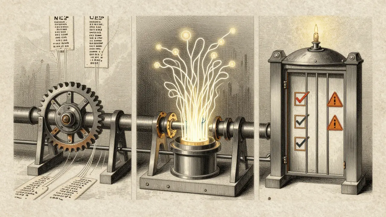 A three-stage assembly line showing NLP filtering, LLM processing, and validation with intricate metallic linework.