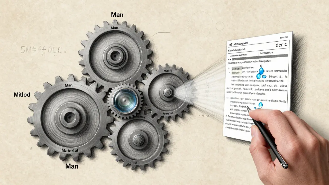 An intricate metalpoint illustration of the 5M QC framework as interlocking gears correcting an AI output with conflicting data.
