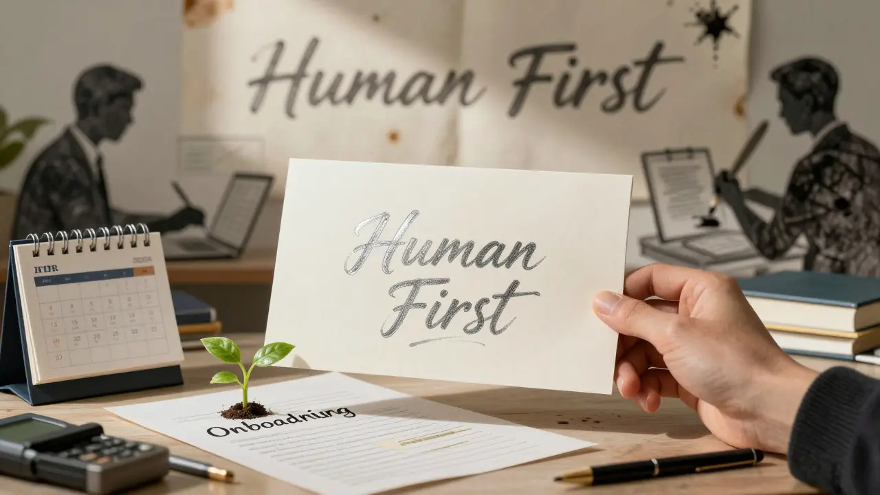 New hire receiving a personalized welcome note with HR staff editing AI drafts in the background.