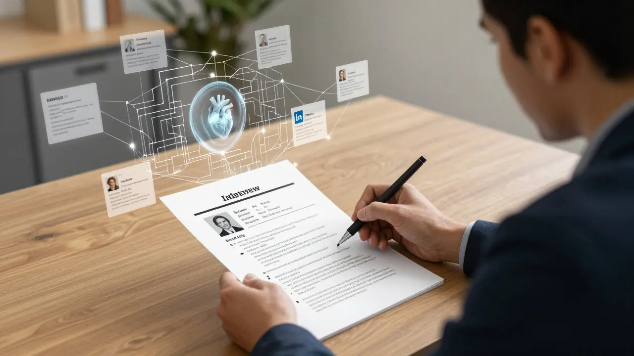 Recruiter tracing an AI-generated interview guide made of silver threads connected to candidate data.