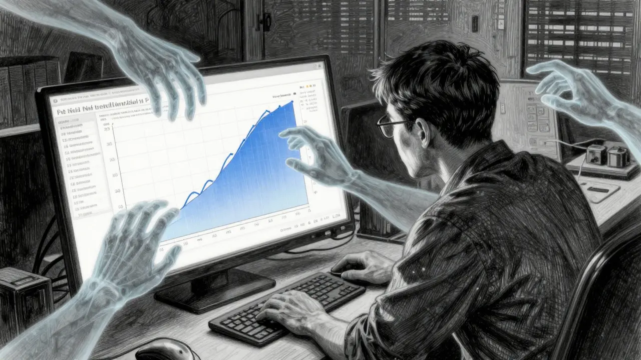 Security analyst under threat from invisible adversarial hands manipulating AI confidence.