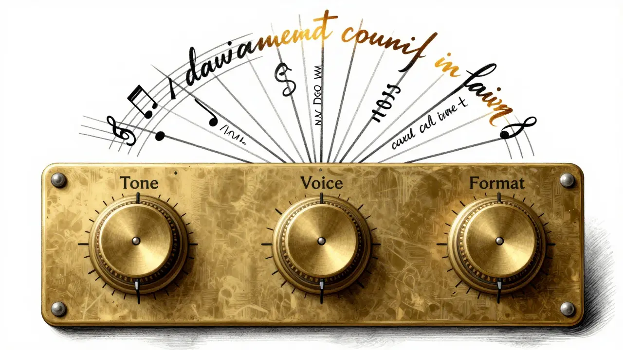 A brass control panel with three dials emits metallic lines that morph into different writing styles.