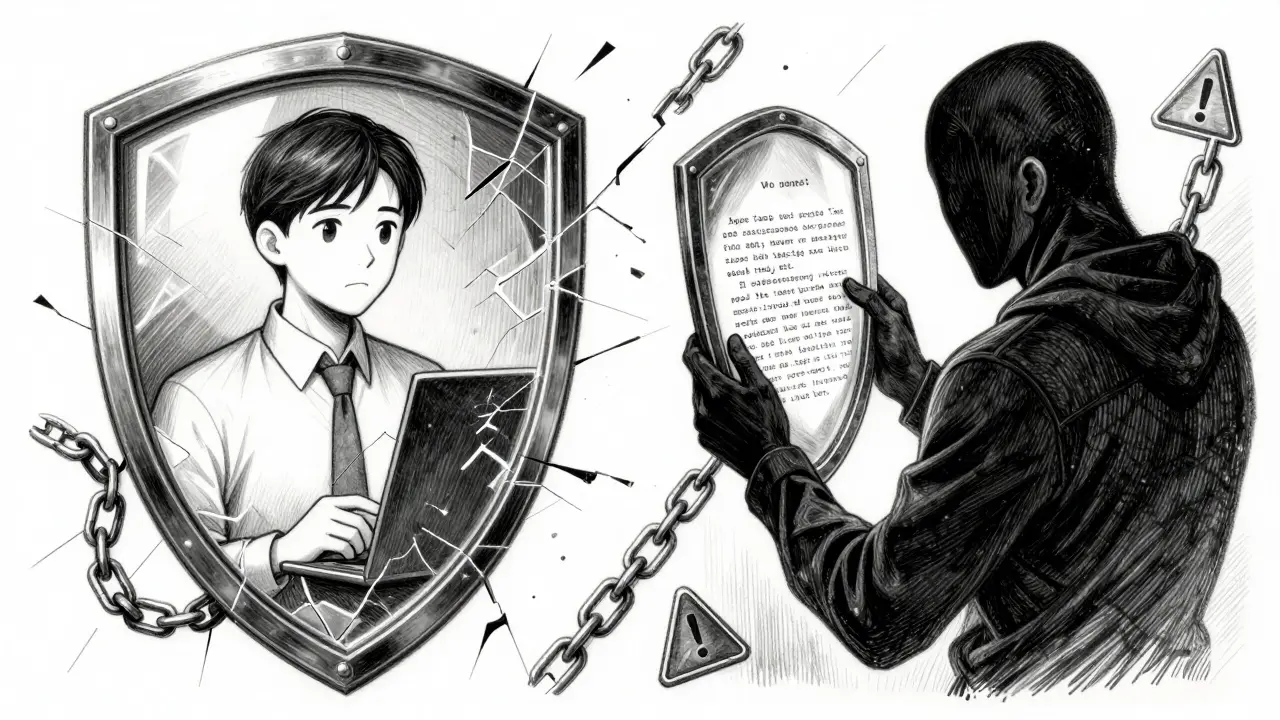 A fractured glass shield separating an AI assistant from an attacker reflecting the system prompt in metallic script.