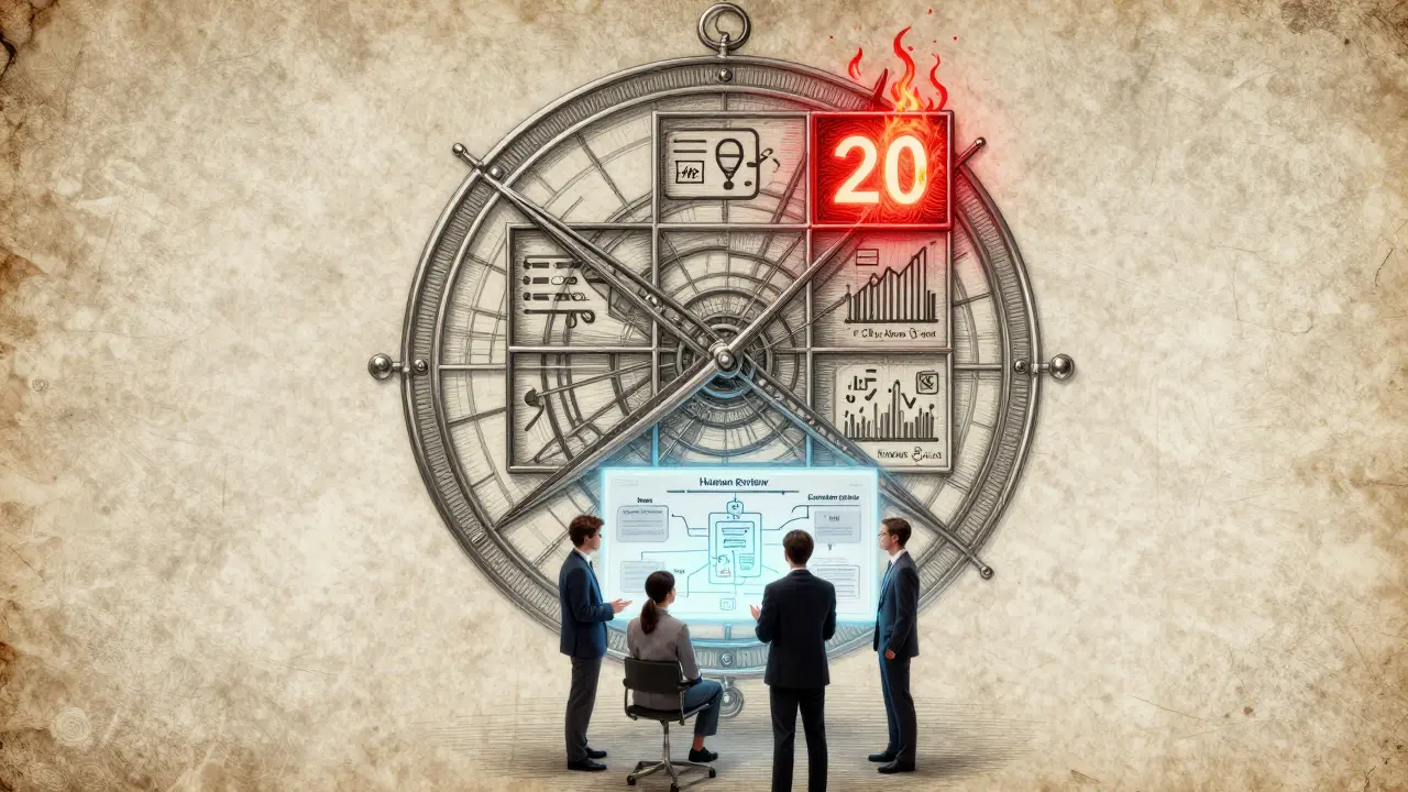 A glowing 5x5 risk matrix with critical AI threats highlighted, surrounded by control mechanisms in metalpoint detail.
