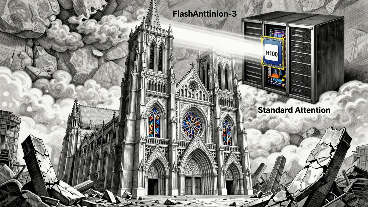 A grand metallic cathedral of memory blocks rises above ruins of old attention, lit by a beam labeled FlashAttention-3.