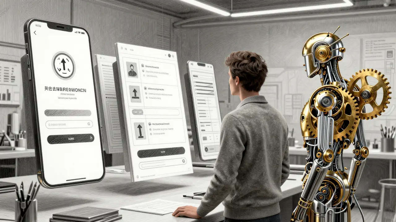 A human and mechanical AI co-pilot observe an app blueprint unfolding in metallic silver blueprints.