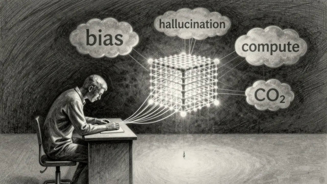 A human surrounded by data clouds, connected by silver threads to a glowing Transformer network, symbolizing training scale and bias.