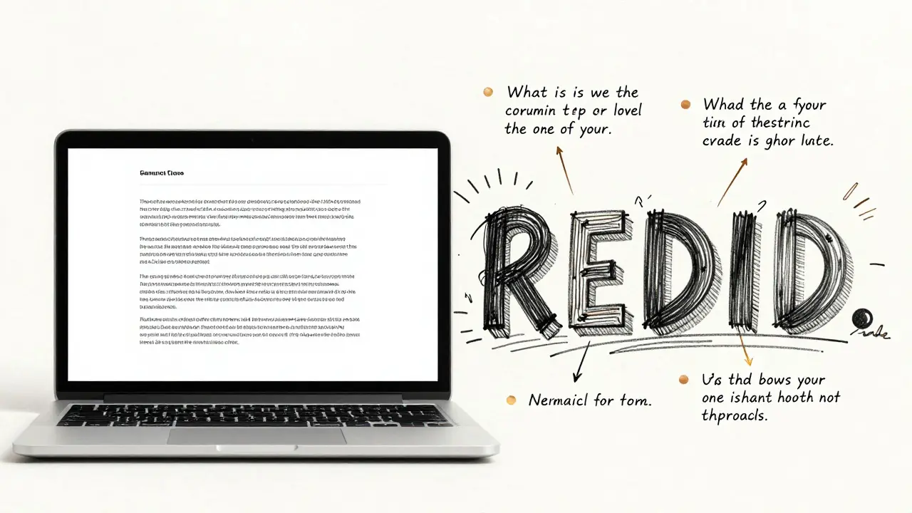 A laptop screen transforms generic AI text into ornate metalpoint calligraphy with brand voice cues.