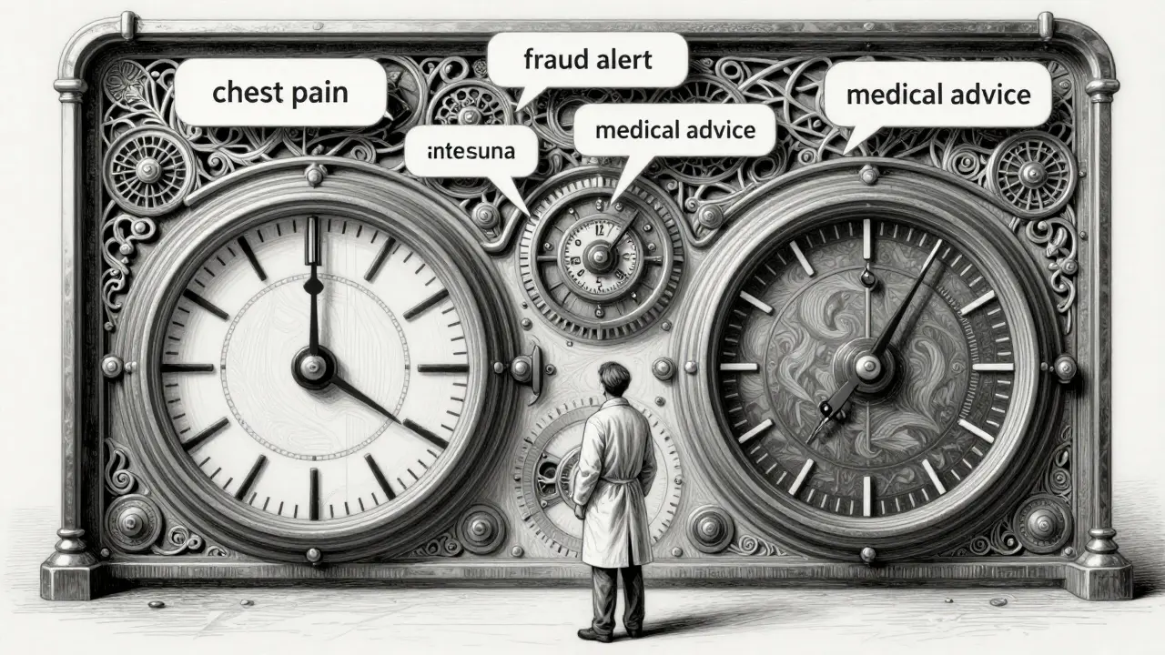 A scientist observes a clockwork dashboard tracking LLM metrics, with floating user queries dissolving or preserved based on safety.