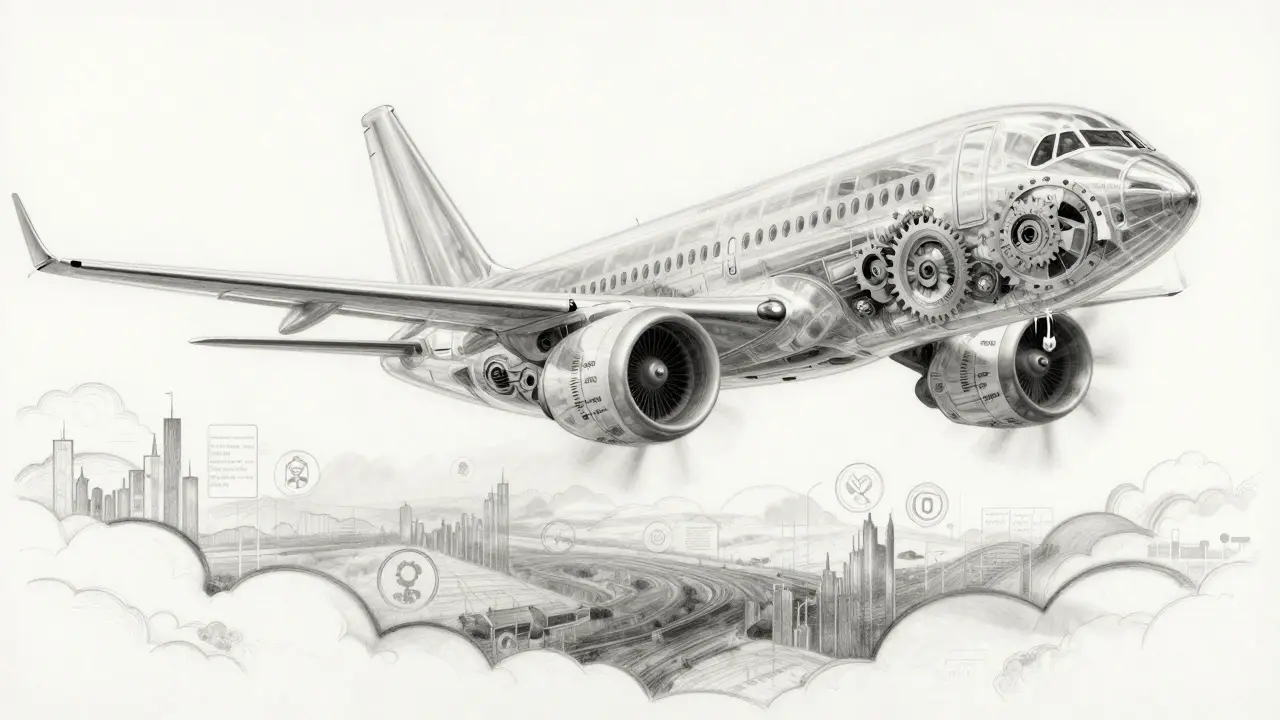 An airplane with two engines: one powering flight, the other invisibly testing performance with detailed internal metrics.