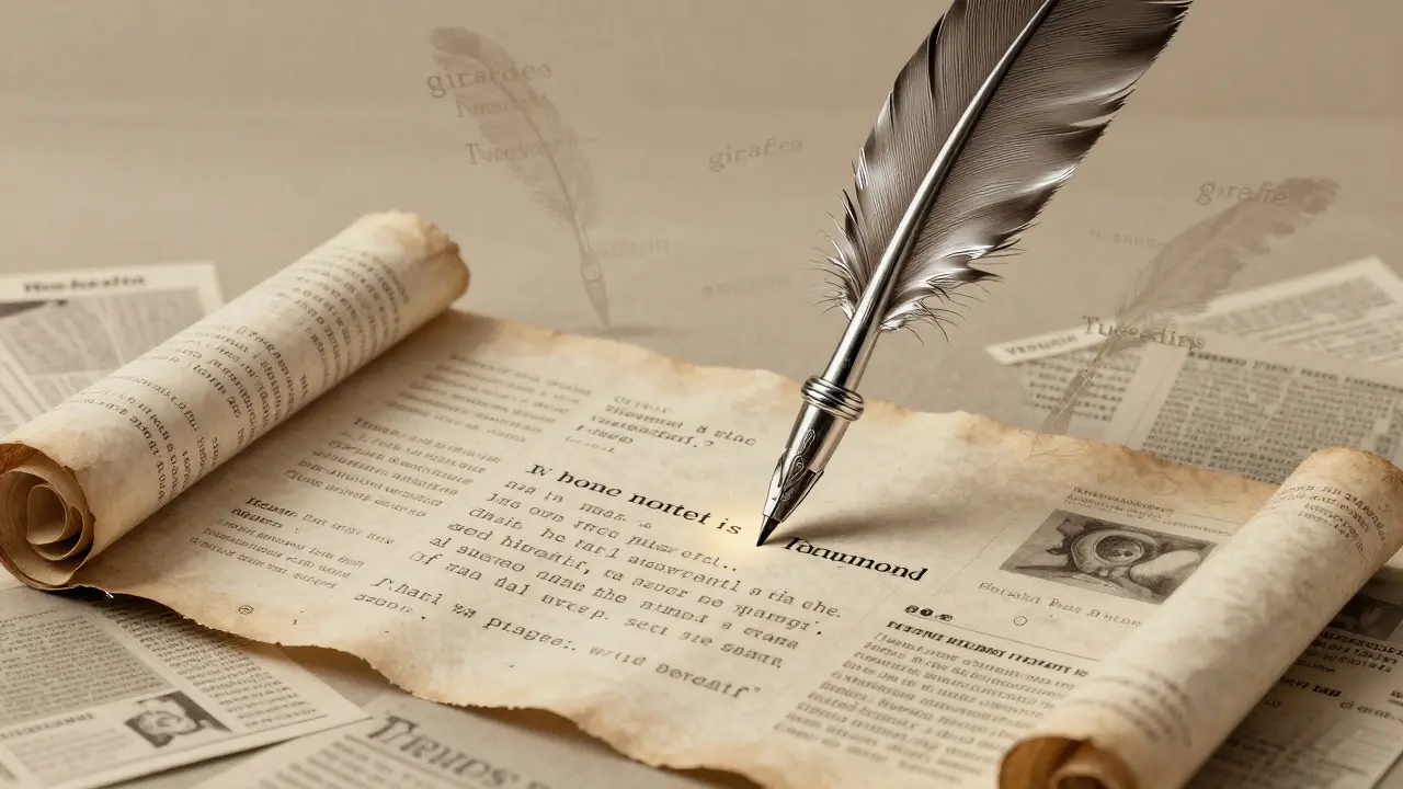 An ancient quill pen writing the next word in an endless scroll of internet text, with faded incorrect guesses fading away.