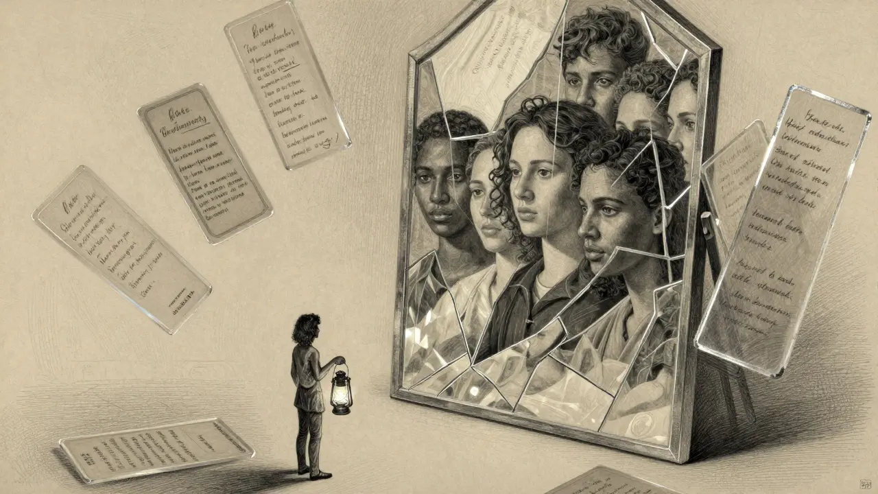 An auditor with a lantern before a fragmented mirror reflecting diverse and erased faces, surrounded by floating model cards.