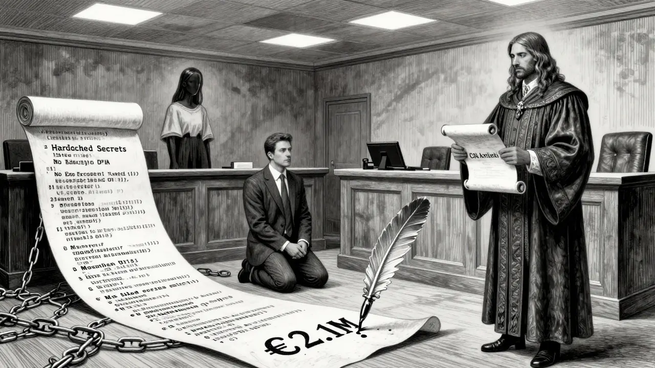 Courtroom scene with AI code tangled in legal violations, executive kneeling before a judge holding CRA scroll.
