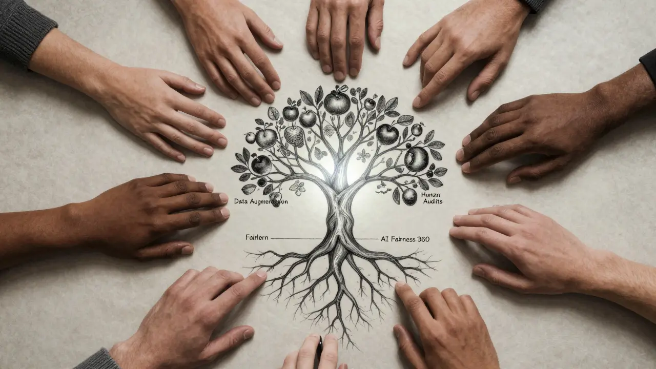 Diverse hands reaching toward an AI tree with roots in open-source tools and fruits labeled remediation strategies.