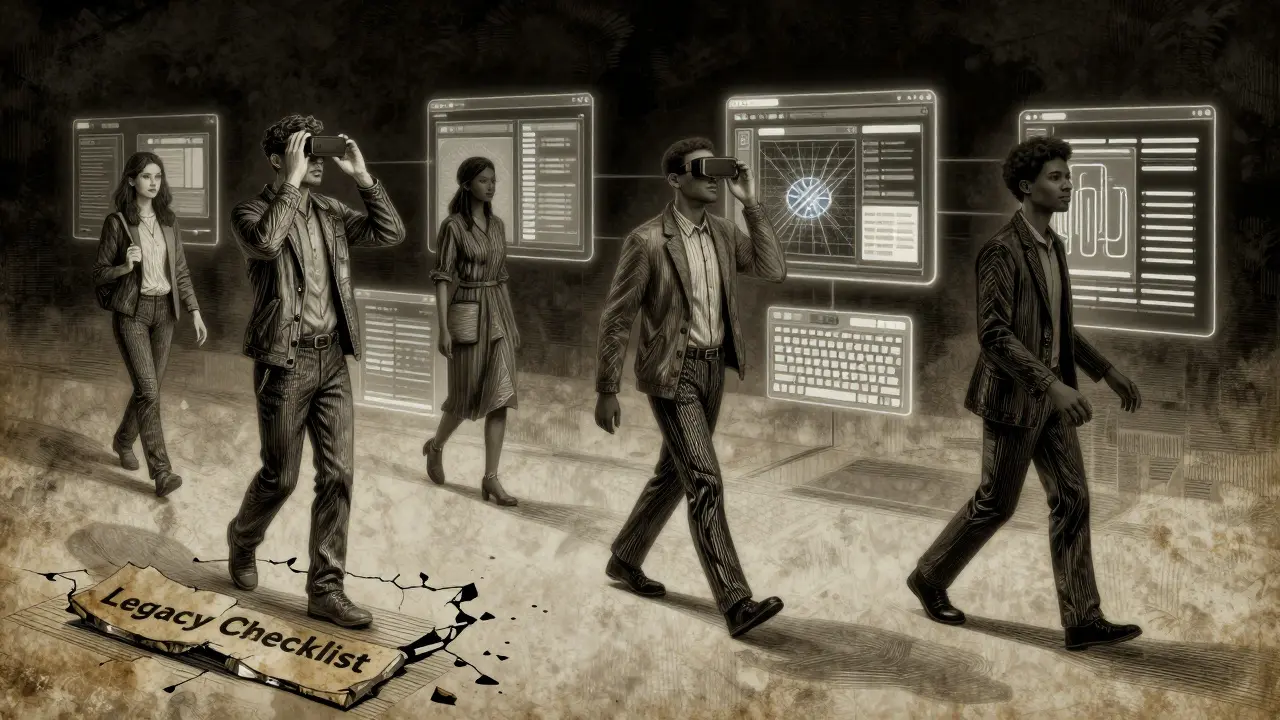 Diverse users walking through a digital interface illuminated by metallic accessibility patterns, leaving behind broken compliance checklist.