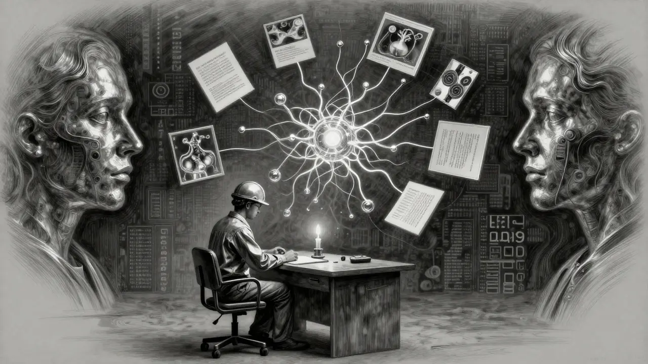 Engineer at desk surrounded by floating medical images and text, connected by silver filaments to a neural network core.