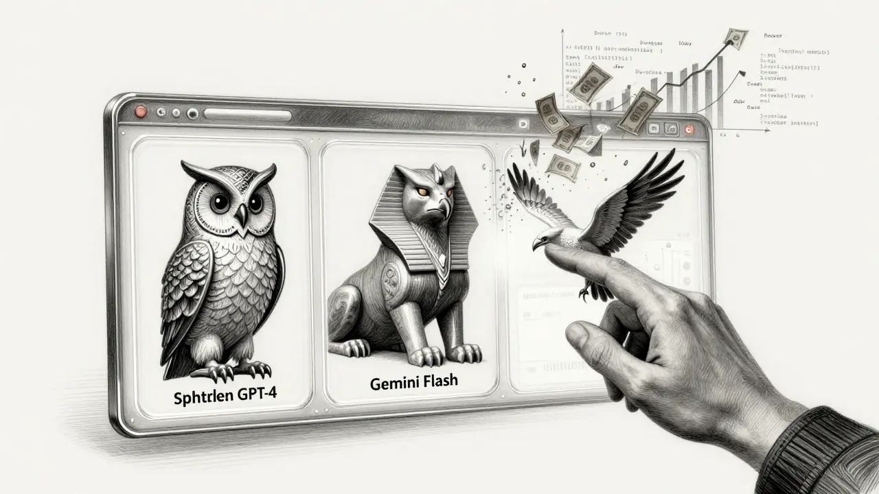 IDE interface with AI heraldic creatures being selected by a developer's hand in metalpoint.