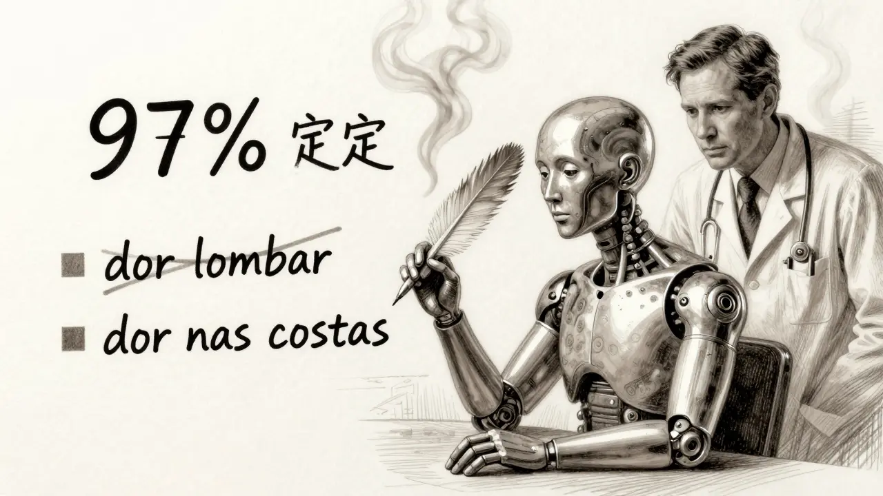 Medical chart in Portuguese with a misleading 97% confidence mark and mistranslated symptoms.