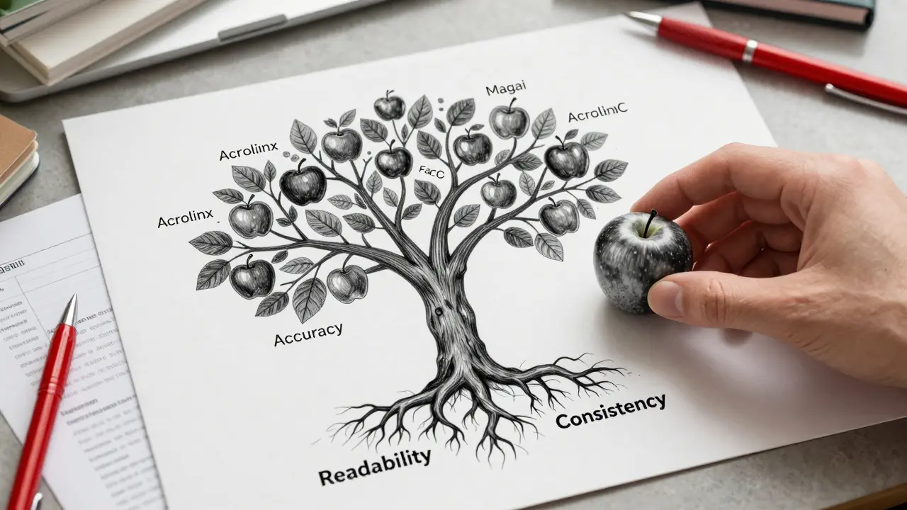 Metalpoint tree with roots labeled AI quality metrics, bearing tool names as fruit, with a human hand harvesting.